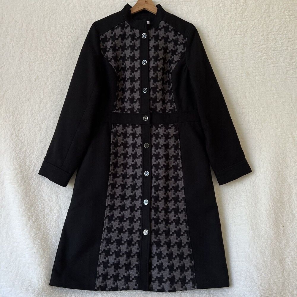 ISAAC MIZRAHI Black Gray Houndstooth Chic City Melton Fully‎ Lined Coat Size 12